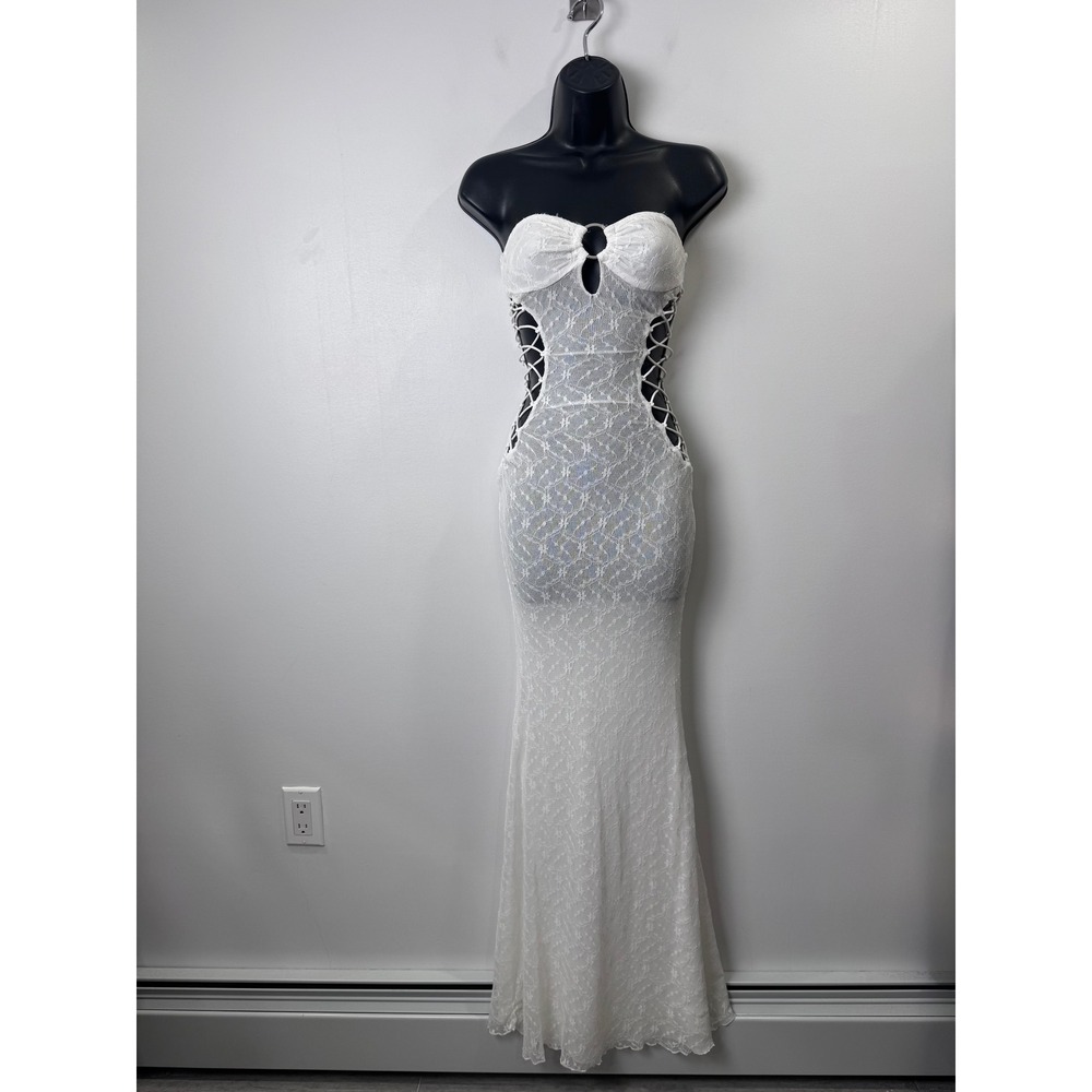 Outcast Women White Lace Maxi Dress Strapless Cutout Side Lace Up XS
